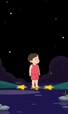 Boy beside three stars laid out on the ground while a shooting star falls behind him