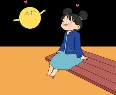 Girl sitting on a wooden deck greeting a small smiling sun with a heart between them