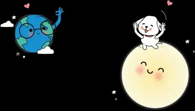 Small white creature sitting on a glowing smiling moon holding a string tied to the earth