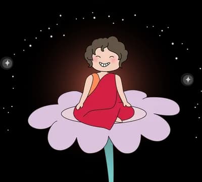 Girl in red seated in a purple flower against a night circle