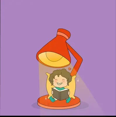 Child reading under a desk lamp on a purple ground