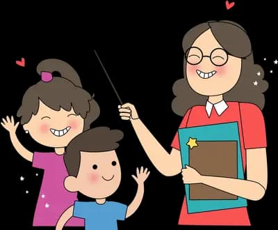 Teacher with a pointer and clipboard beside two children