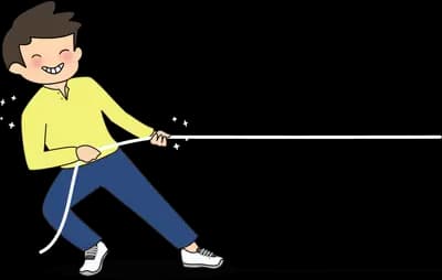 Boy leaning back pulling on a rope