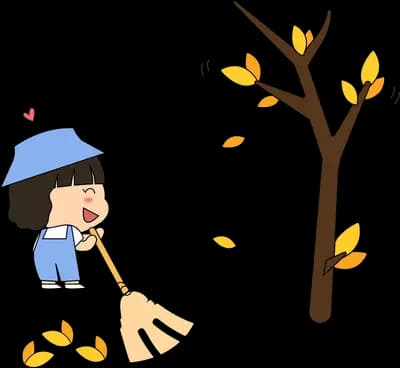 Girl sweeping fallen leaves beneath an autumn tree