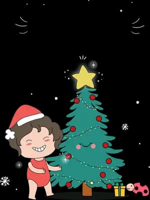 Girl in a santa hat decorating a Christmas tree