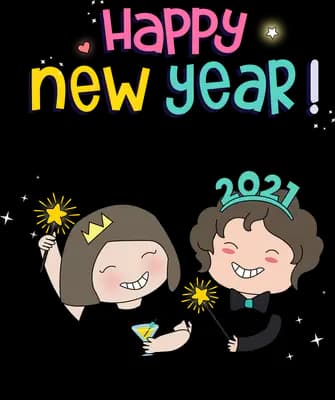 Couple in party hats celebrating under a happy new year sign