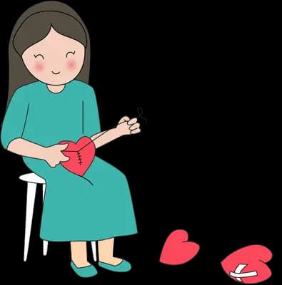 Woman seated knitting with red yarn at her feet