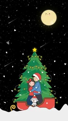 Children decorating a tall Christmas tree under a moon