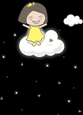 Girl in yellow sitting on a cloud with falling hearts