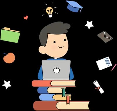 Man on a stack of books with study icons floating around