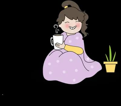Woman in a purple dress sitting with a mug