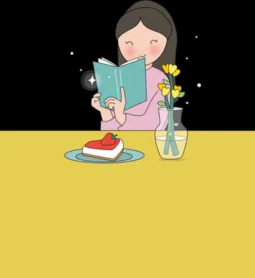 Woman reading at a yellow table with flowers and fruit