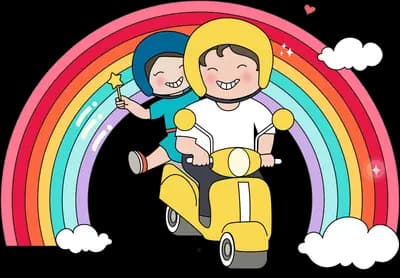 Couple riding a scooter over a rainbow