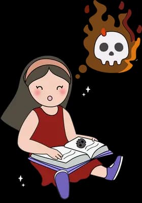 Girl reading a book beside a flaming skull motif