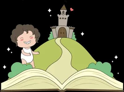 Boy above an open book with a castle rising from it
