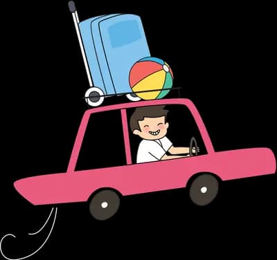 Girl driving a pink car loaded with luggage