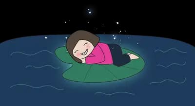 Girl floating in dark water beside a heavy weight