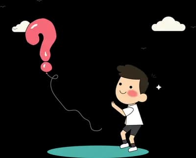 Boy standing beneath a large pink question mark