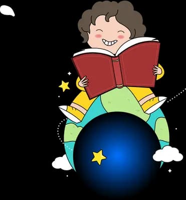 Girl reading atop a stack of books on a starry ball