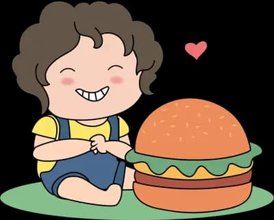 Boy sitting on grass with a large burger