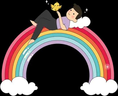 Couple leaning toward each other over a rainbow
