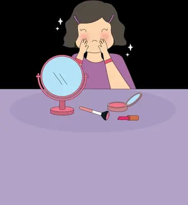 Woman applying makeup at a purple dressing table