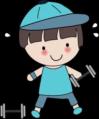 Boy in a cap lifting a small dumbbell
