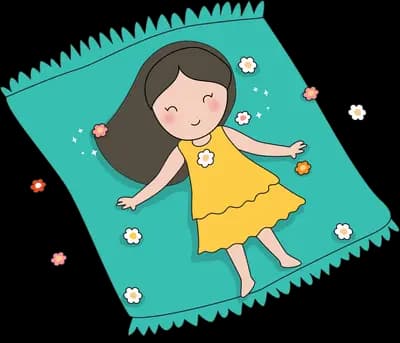 Girl lying on a teal picnic blanket with daisies