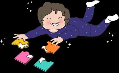Girl lying on her front reading with books scattered