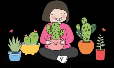 Girl sitting among potted cacti and succulents