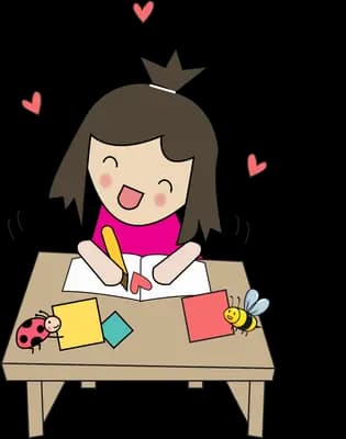 Girl at a small table doing crafts with hearts