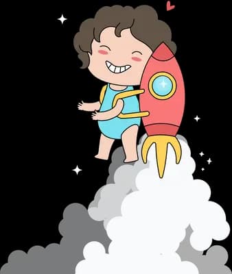 Girl riding a red rocket through clouds