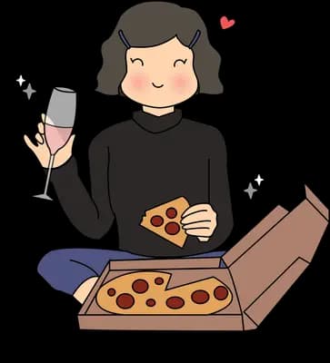 Woman with a drink beside an open pizza box