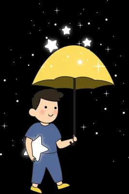 Boy walking with a yellow umbrella