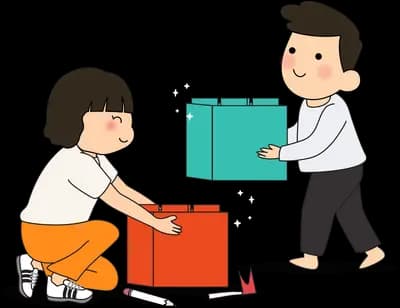 Two children packing gifts into boxes