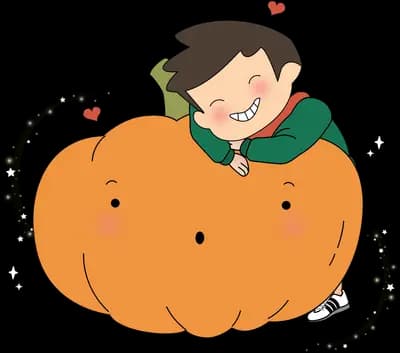 Boy leaning on a large carved pumpkin