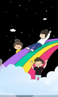 Children sliding down a rainbow from a cloud