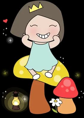 Girl sitting among large red toadstools