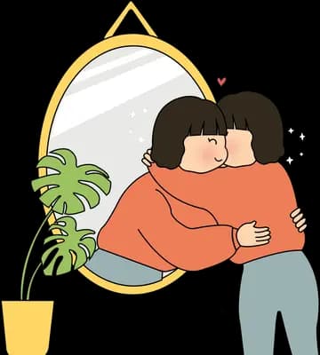 Couple embracing beside a mirror and plant