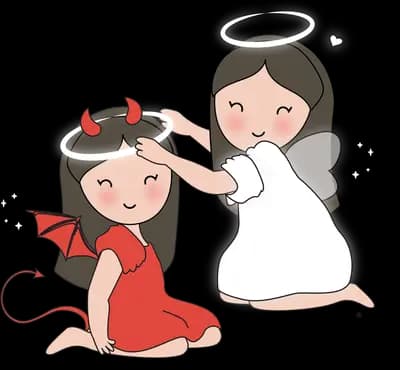 Girl in a red devil costume beside a girl in white