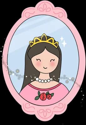 Crowned girl framed inside an ornate pink oval