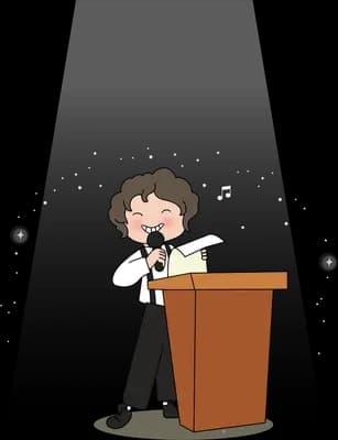 Boy speaking at a lectern under a spotlight