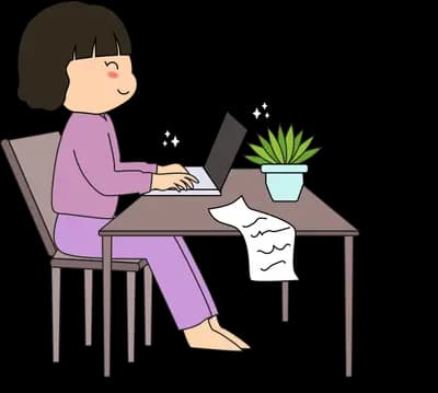 Woman working at a desk with a laptop and plant