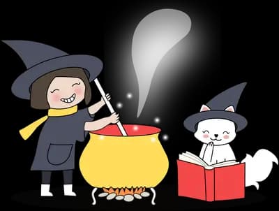 Children in witch and wizard hats at a cauldron