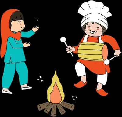 Children in traditional dress dancing by a bonfire