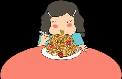 Woman eating a plate of noodles at a red table