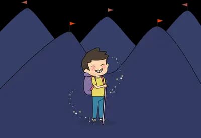 Small girl before dark mountains with flags
