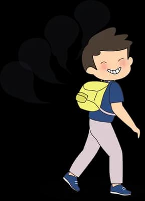Boy walking away from a cloud of grey smoke