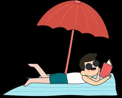 Man reading on a beach towel under a red parasol