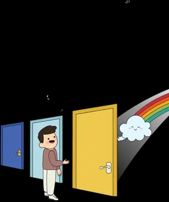 Man between two doors, one opening to a rainbow